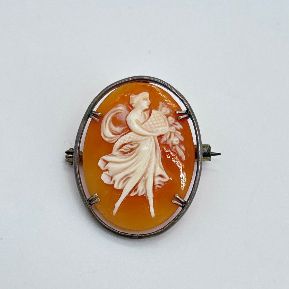 Antique Shell Cameo Brooch Pin Carved Vintage Jewelry Silver Tone Small